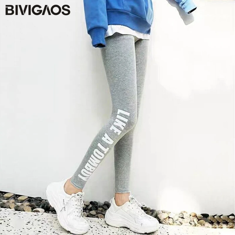 Bivigaos-calças legging femininas para treino, primavera, de algodão, com letras laterais, impressas, casual, esportiva, fitness