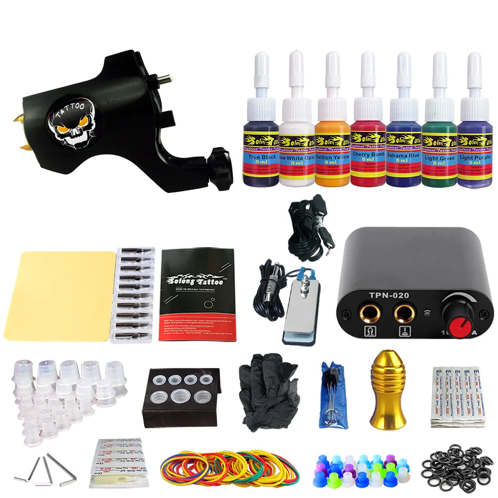 Tattoo Set Met 1 Roterende Professionele Tattoo Machine 7 Kleuren Inkt Compleet Tattoo Kit Met Tattoo Naalden Voeding