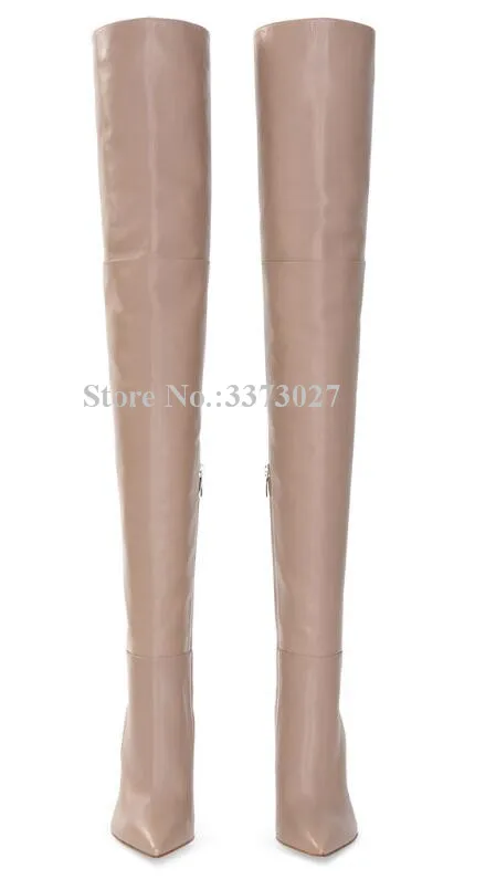 Black Leather Chunky Heel Long Boots Woman Sexy Pointed Toe Thick Heel Over the Knee Boots Fashion Large Size Nude Color Boots