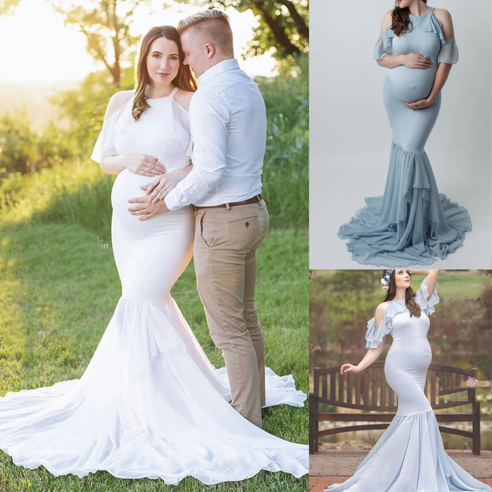 2024 NewsMaternity Clothing Photography Props Lace Leaky Shoulders Floor-length Dresses For Pregnant Women платье для беременных