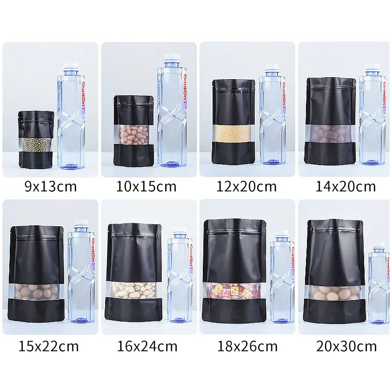 1000Pcs Black Stand Up Aluminium Foil Self Seal Bag With Clear Window Plastic Pouch Zipper Reclosable Food Storage Packaging Bag