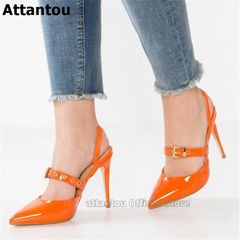 

Bright Orange Patent Leather Mary Jane Pumps Pointed Toe Stiletto Heeled Slingback Pumps Women High Heel Dress Shoes Woman Heels