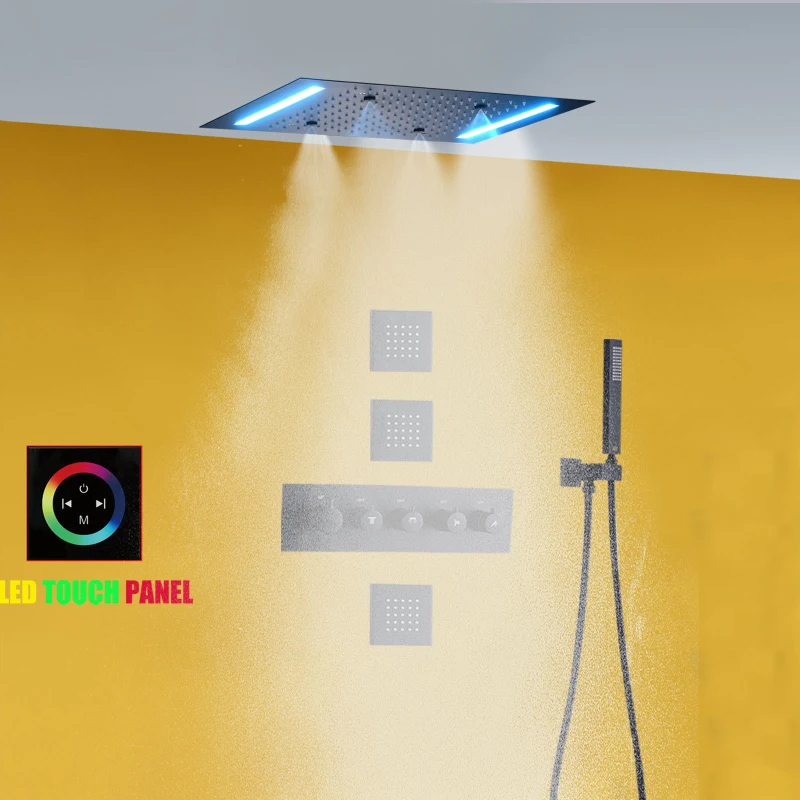 

Matte Black Thermostatic Rain Shower Head Set 14 X 20 Inch Luxury Bathroom LED Atomizing Shower