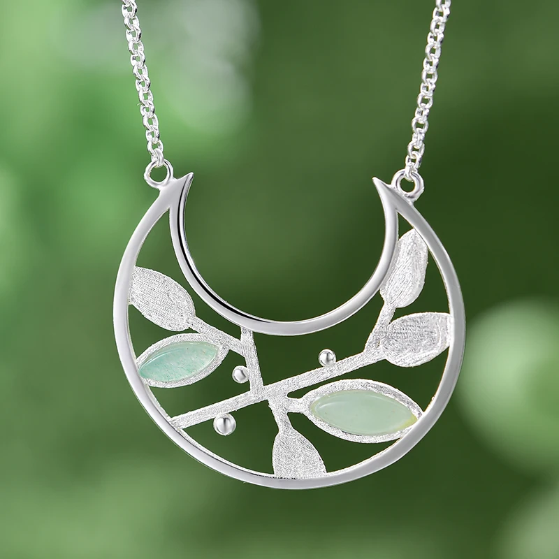 Lotus Fun 925 Sterling Silver Natural Aventurine Stone Fine Jewelry Spring in the Air Leaves Necklace with Pendant for Women