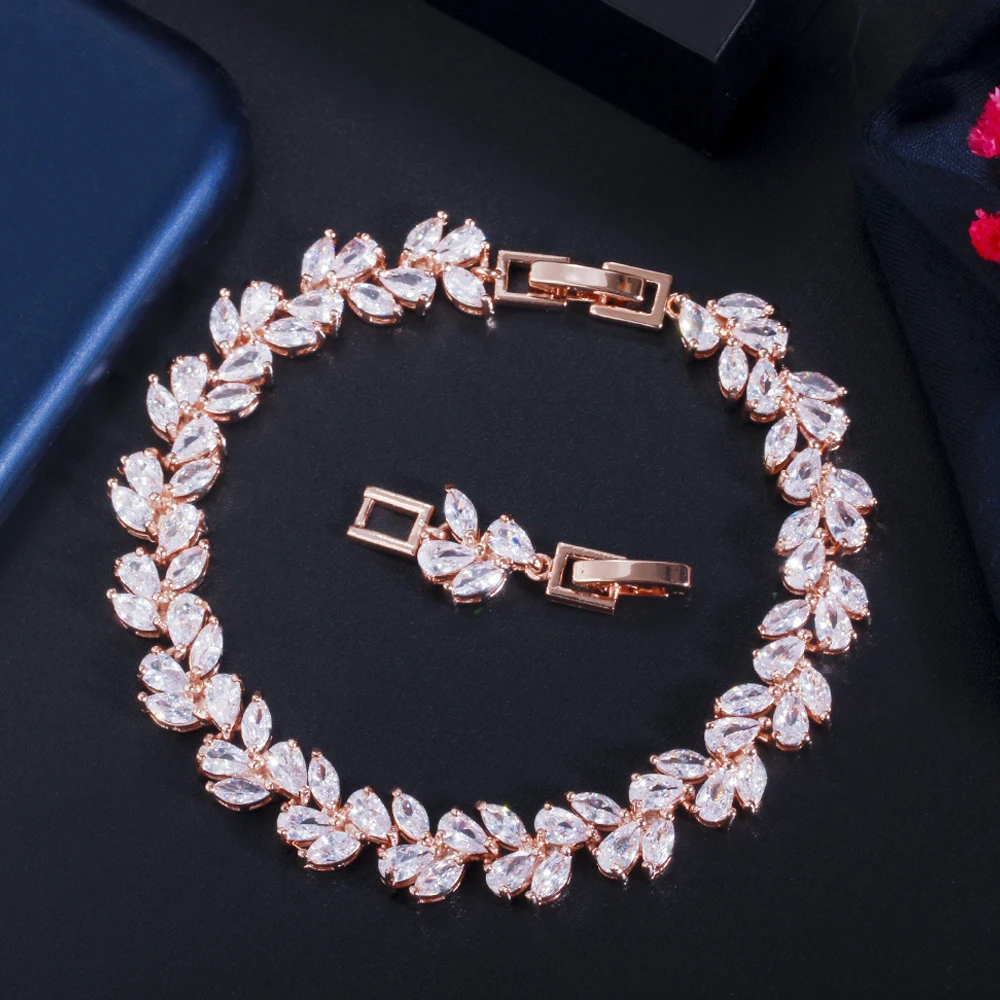 ThreeGraces Shiny Marquise Cut CZ Silver Color Leaf Shape Link Chain Bracelet Bangle for Brides Wedding Party Prom Jewelry BR155