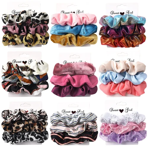 Imagen 2 del producto Scrunchies de seda con estampado para mujer, gomas elásticas para el pelo de Color liso, accesorios para el cabello, 3/4/6 piezas