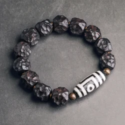 Hand Carved Hammered Ebony Bracelet Tibetan Buddhism Dzi Bead Prayer Good Relationship Amulet Protection Jewlery for Men Women