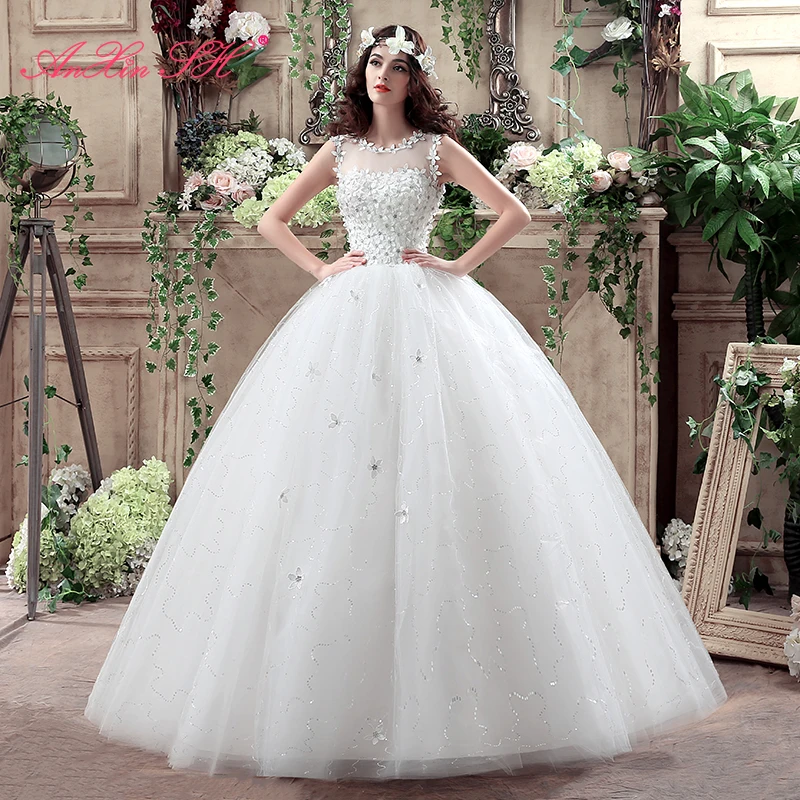 

AnXin SH luxury princess little flower white lace wedding dress vintage o neck illusion turkey ball gown beading wedding dress