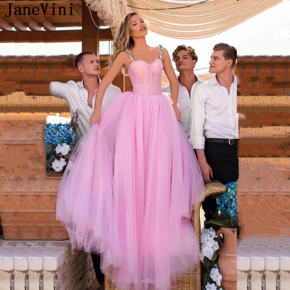 JaneVini vestaglia donna Elegant Pink Tulle Prom Dresses Long Sexy See Through Puffy A Line Woman Formal Evening Party Gown 2020