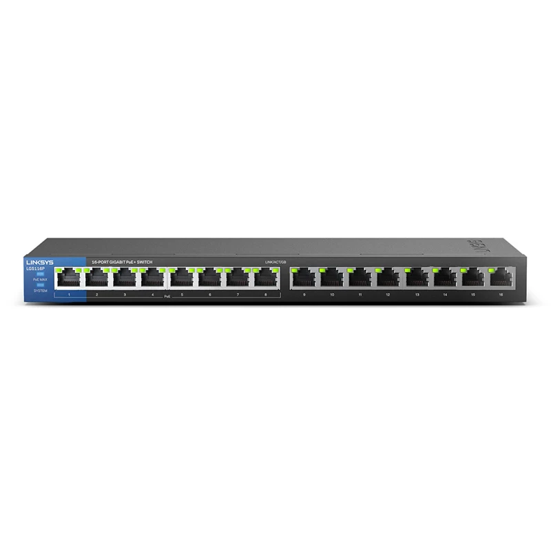 LINKSYS LGS116P 16-Port PoE+ Switch Business Desktop Gigabit Wired Connection Speed Up To 1,000 Mbps 16 Gigabit Ethernet