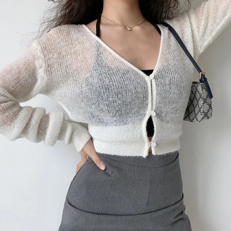 Karrram Korean Sexy See Through Cropped Cardigan Women Thin Hollow Out Knitted Cardigans Long Sleeve V-neck Sweater Crop Tops