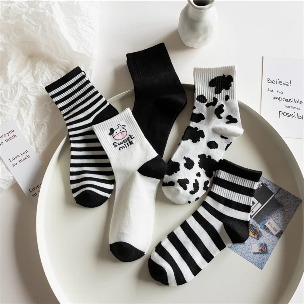 2021New Striped Solid Breathable Casual Cartoon Socks Arrivals Cow Printed Sock Lovely Harajuku Japanese Style Cotton Women Sock