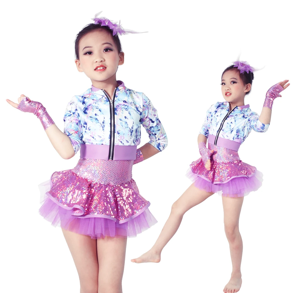 Cheerful Tap Wear Lycra Jacket Sequins Dress Jazz Dance Outfits Performance Costume For Girls