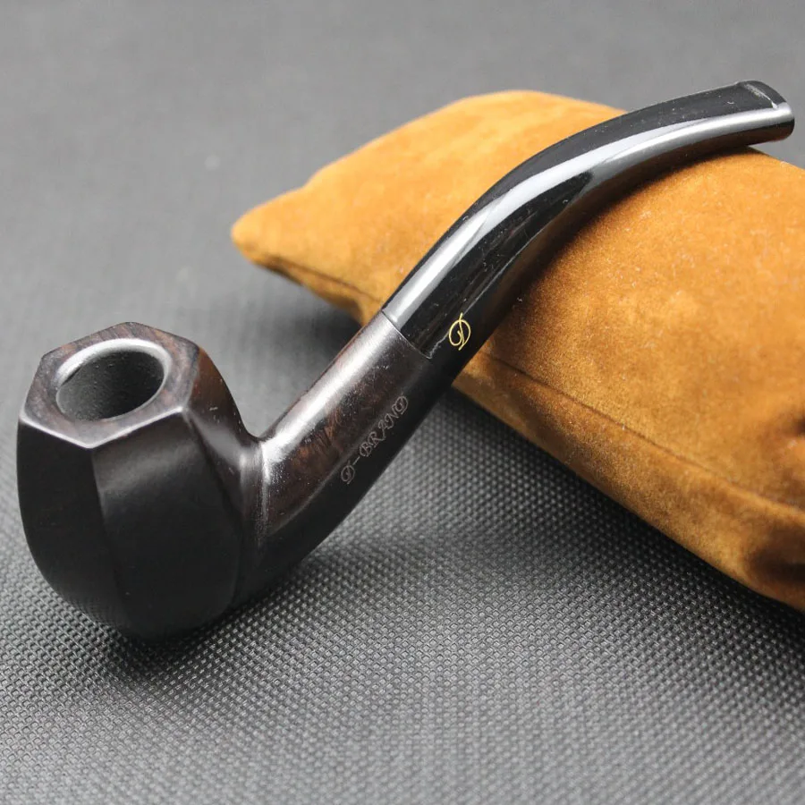 Handmade Nature Ebony Wood Bent Type Smoking Pipe Round Smoke Tobacco Wooden Pipe Gift 10pc 9mm Filters + Pouch + Holder #437S