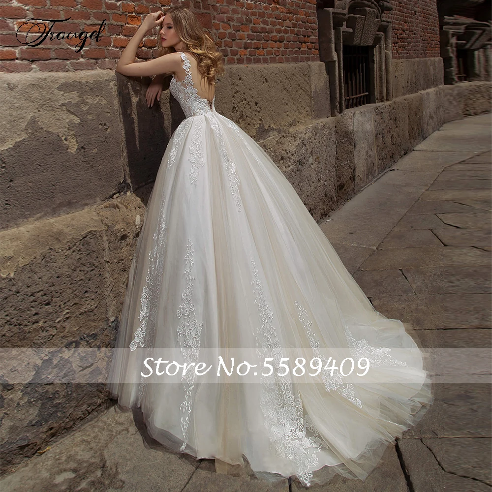 Traugel Scoop A Line Lace Wedding Dresses Delicate Applique Tank Sleeve Backless Bride Dresses Sweep Train Bridal Gown