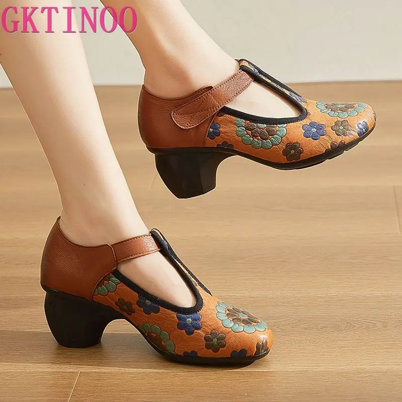 GKTINOO Retro Pumps Women Shoes Genuine Leather 2024 New Autumn High Heels Hook & Loop Round Toe Sewing Handmade Ladies Shoes