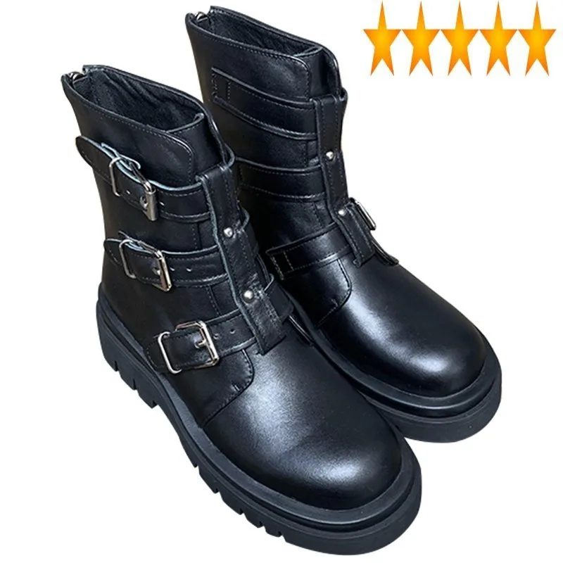 Biker Boyfriend Women Moto Genuine Leather Ankle Boots Round Toe Cowhide Fashion Punk Style Buckle Thick Platform Shoes