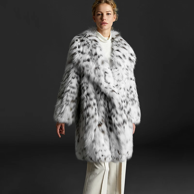 Importy zimowych płaszczy z naturalnego futra lisa jelonkowego (lynx) w kolorze czystej bieli z USA, płaszcze damskie średniej długości z prawdziwego futra lisa jelonkowego.