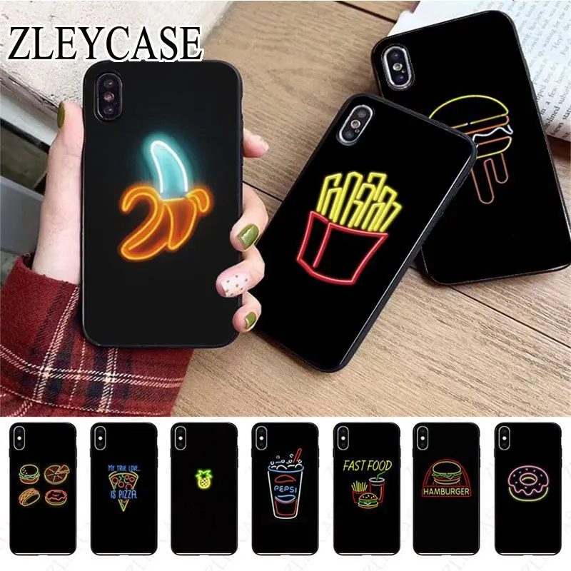 background fluorescent food  fries burger Banana Phone Case For iphone 13pro 14 15pro 12 11pro xsmax 7 XR 15plus 13mini SE Cover