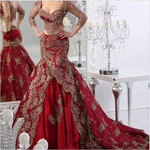 2015 Long Formal Two Pieces Evening Dresses Arabic Burgundy Red Wine With Gold Lace Applique V Neck Vestidos Mermaid Custom