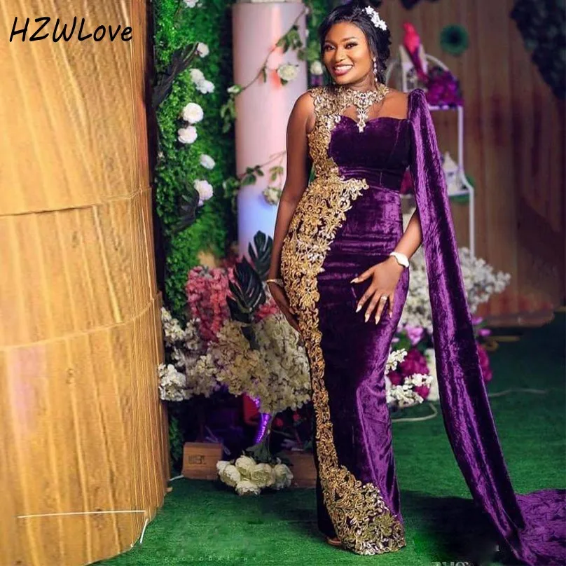 Aso Ebi – robe de soirée de forme sirène, en velours, avec enveloppes, en dentelle dorée, avec des Appliques de perles