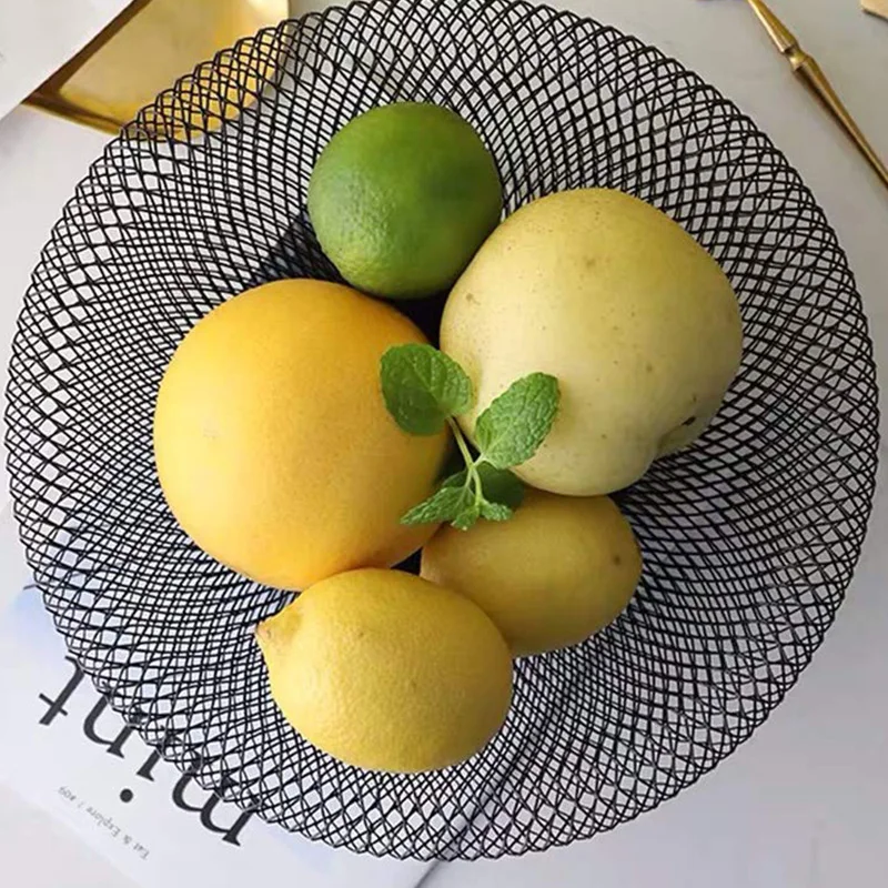 Hot Metal Mesh Creative Countertop Fruit Snacks Basket Bowl Stand for Kitchen, Large Black Decorative Table Centerpiece Holder f