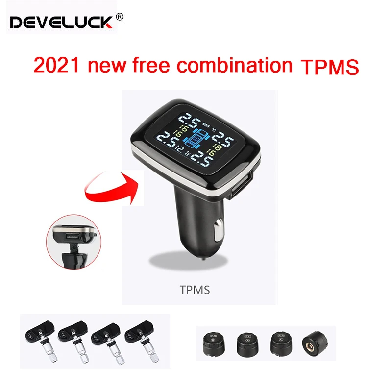 Develuck nuevo ángulo transferencia TPMS versión mejorada de alarma de seguridad de coche Sensor de presión de neumáticos encendedor de cigarrillos