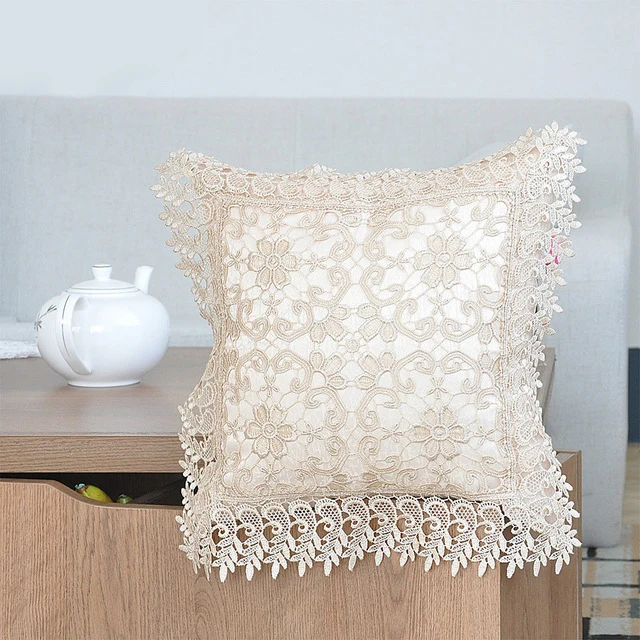 Floral Style Square Embroidery Cushion Cover Sofa Bed Room Car Home Wedding Decorative Pillow Cover With Elegant Lace Trimmings