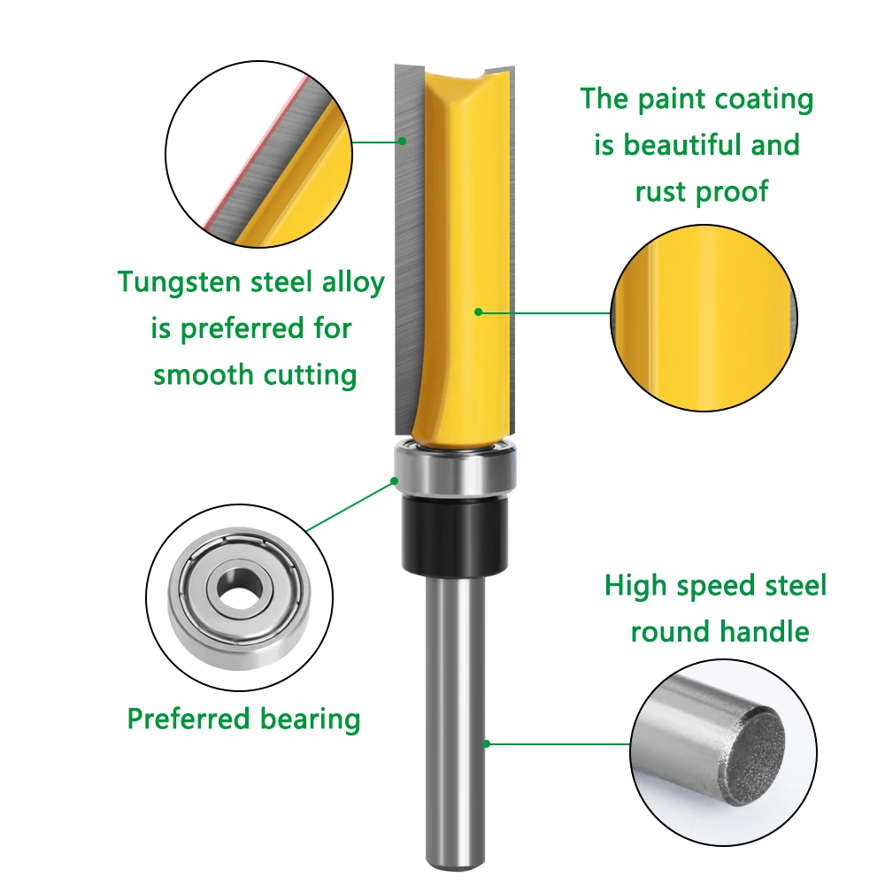 3pcs 1/4\'\' Flush Trim Router Bit Pattern Bit Top & Bottom Bearing 1/2\