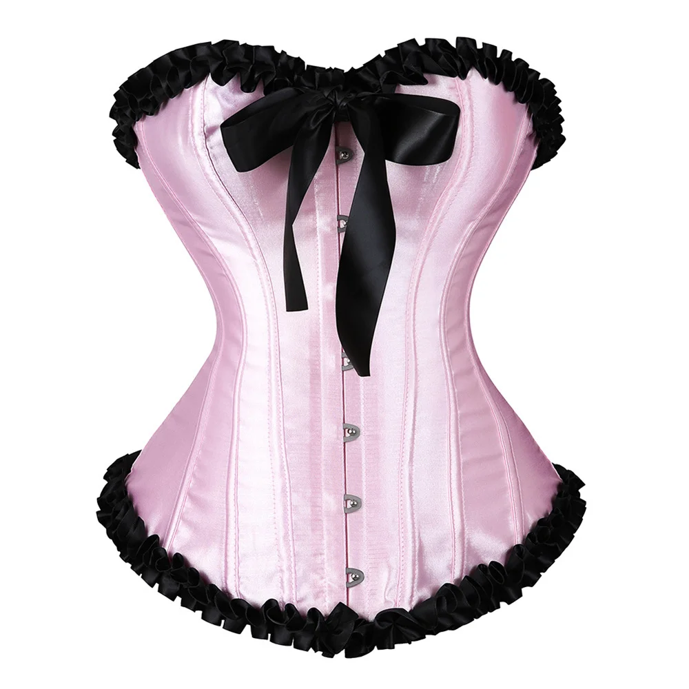 

Sexy Gothic Satin Overbust Corset Top Lace Bowknot Decorated Clubwear Showgirl Body Shaper Women Vintage Corselet