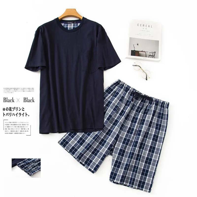 New O-Neck Cotton Mens Summer Woven Short Sleeve Shorts Pajamas Set Men Pijamas Big Size Plaid Sleepwear Leisure Suits Nightwear