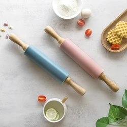 Silicone rolling pin, rubber wood handle, FDA silicone, sliding shaft design, kitchen tools, baking tools