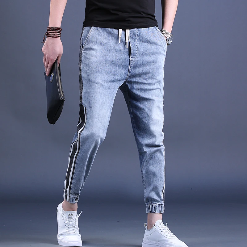 

Men Blue Baggy Jeans Harem Pants Summer Fashion Side Stripe Loose Elastic Waist Ankle-Length Pants