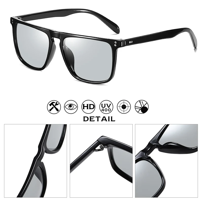 New Photochromic Sunglasses Men Polarized Driving Sun Glasses Square Rivet Frame Women Change Color Eyewear UV400 Protection