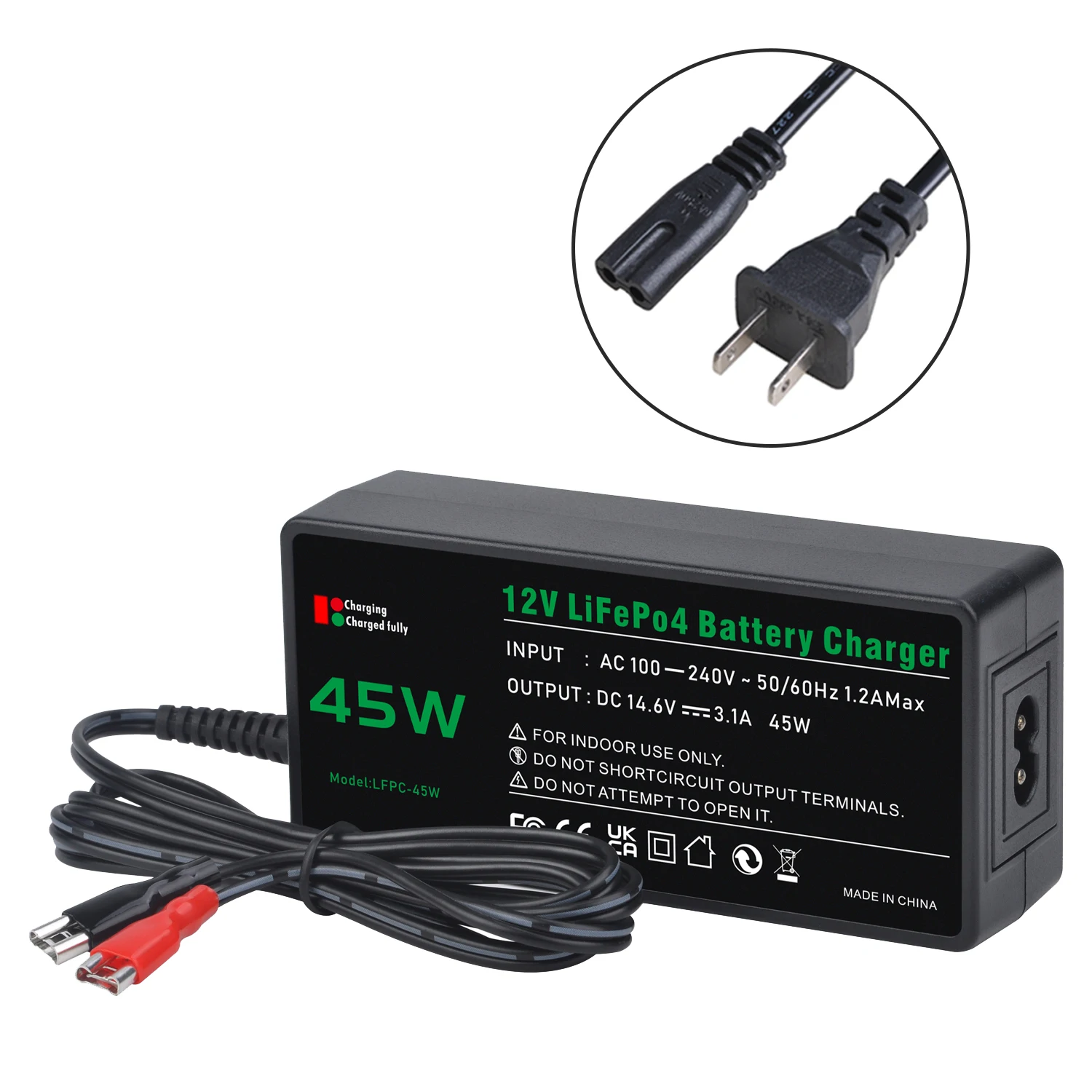 14.6V 3A 45W LifePO4 Battery Charger for 12V LiFePO4 Deep Cycle Rechargeable Battery with EU/US/UK Cable