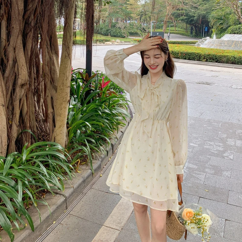 Sweet Floral Vintage Dress Women Korean Slim Long Sleeve Fairy Mini Dress Female 2021 Retro Elegant Princess Evening Party Dress