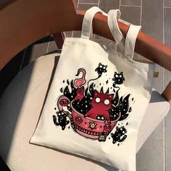 Bolso De Compras reutilizable para mujer, Bolsa De lona con estampado De Satán, gato, demonio, De dibujos animados, De hombro