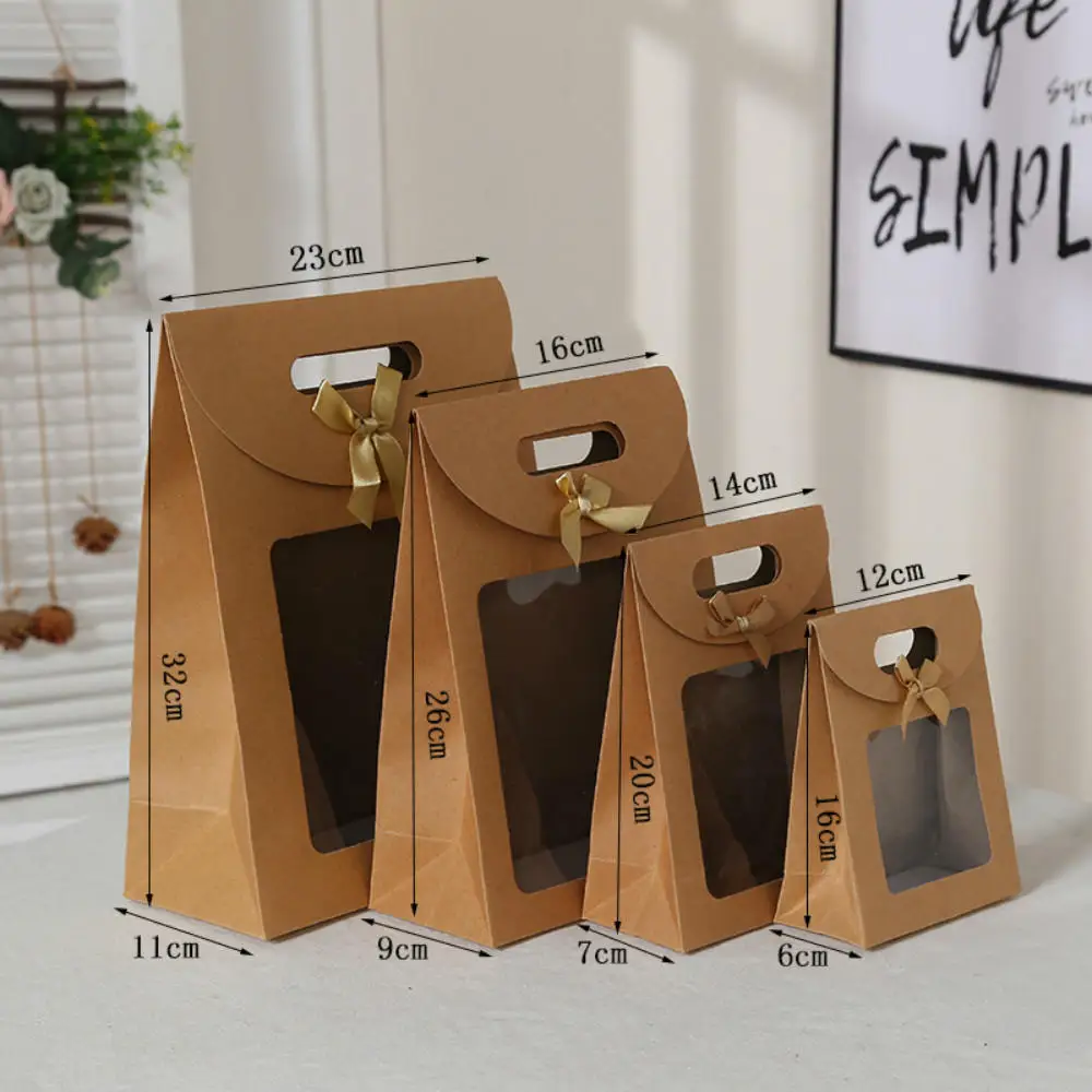 31/26/20/16cm Kraft Paper Portable Gift Bag PVC Clear Window Packaging Bags for Small Business Birthday Christmas Present Wrap