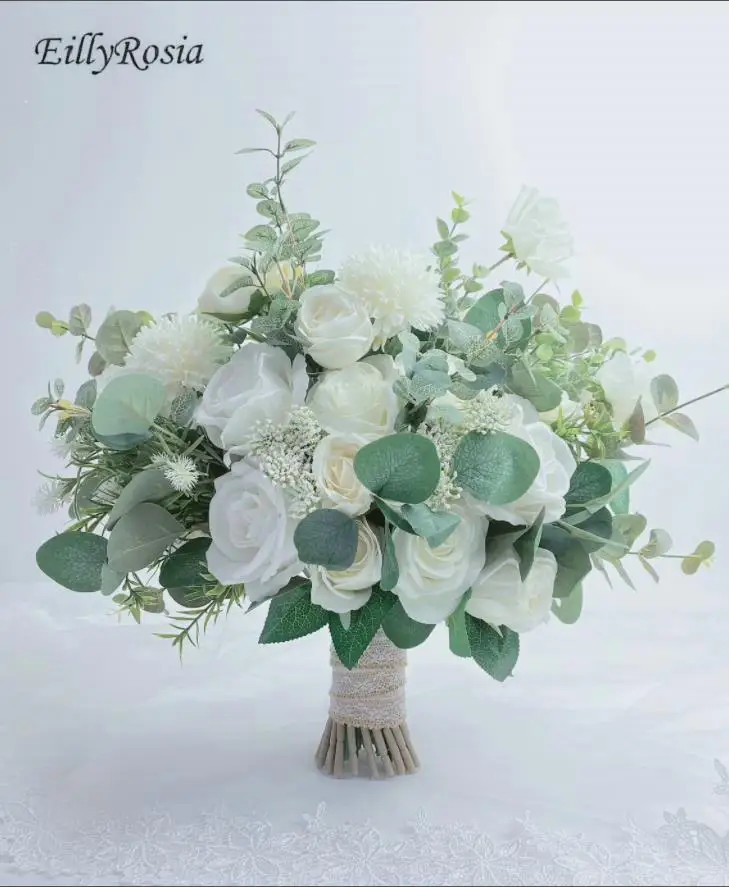 

EillyRosia White&Green Wedding Flowers Bridal Bouquet Artificial Rose Eucalyptus Big Size Bride Holding Flowers Bruids Boeket