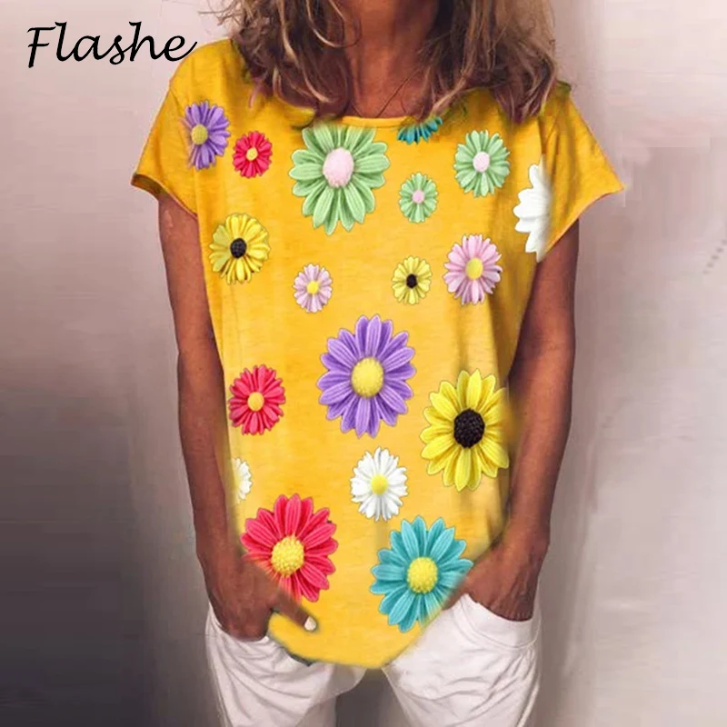 Women Tops T-Shirt Casual V-neck Daisy Print Short Sleeve Shirt Lady Pullovers Top Elegant Women T-shirt Multicolor