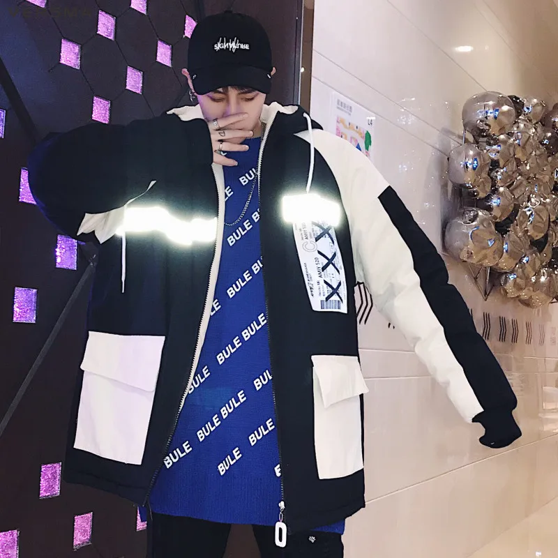 VERSMA Korean Style Clothing Men 3M Reflective Winter Jacket Coat Men Parka Hip Hop Warm Youth Winter Jackets Men Dropshipping