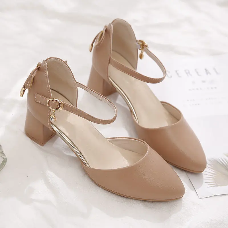 Bowtie High Heels Woman Pointed toe Single Shoes Women Pumps Ankle Strap Sandals Block Heel Footware for Office Lady Beige