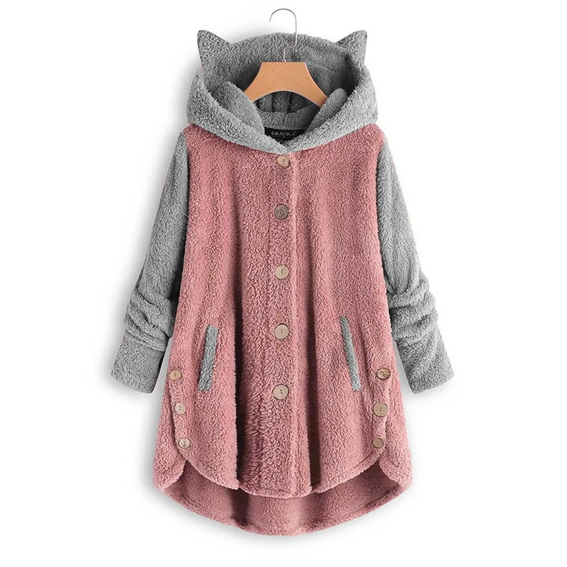 

Fashion Plush Coat Women Button Hooded Jackets Autumn Winter Animal Ear Hat Coat Ladies Faux Fur Loose Splice Color Overcoat