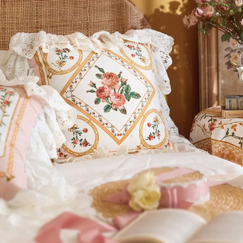 

French Rose Soft Throw Pillow Covers, Ruffled Lace Pillowcases, Decoration for Couch, Bedding, Sofa, 18x18 Inches, Pack of 2