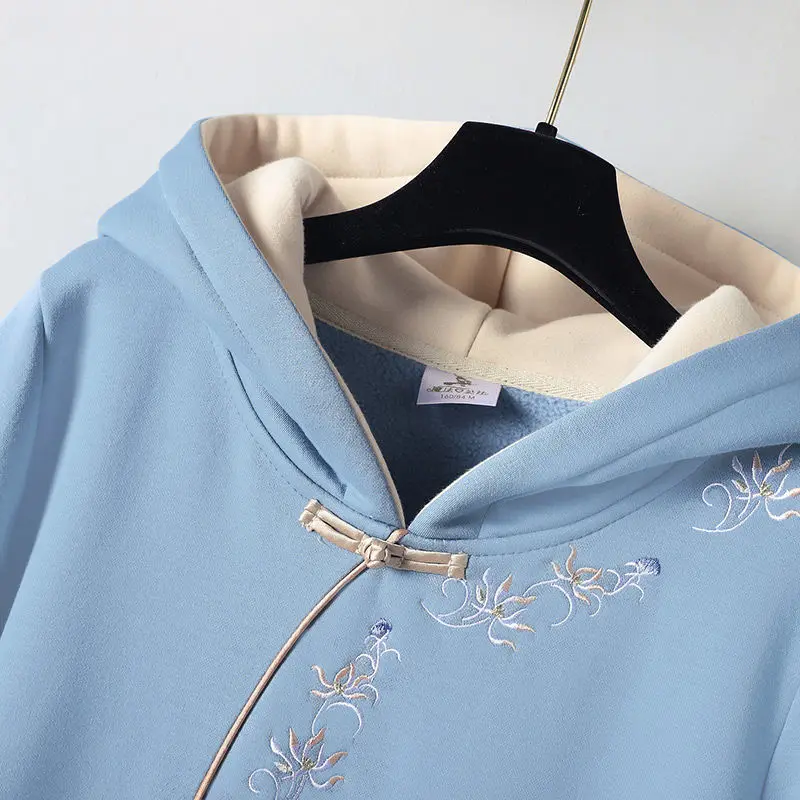 Chinese Style Hoodies Stitching Vestido Cheongsam Oversized Embroidery Sweatshirt Dress Spring Women Buckle Thick Dresses