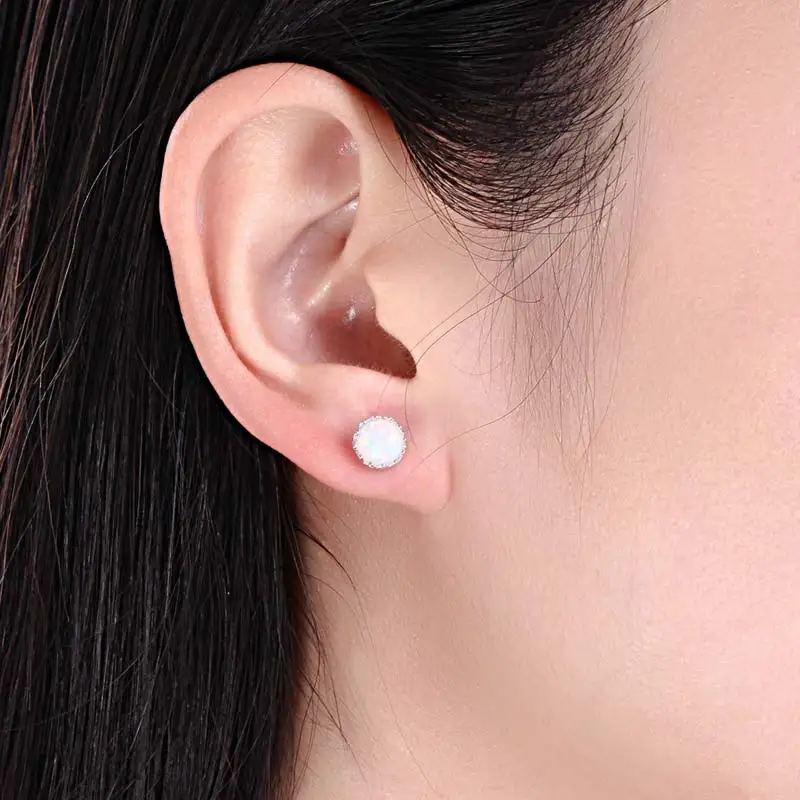 TONGZHE 7MM Round White Fire Opal Round Stud Earrings For Women 925 Sterling Silver Fashion Jewelry Wholesael Boucle KLTE038-1