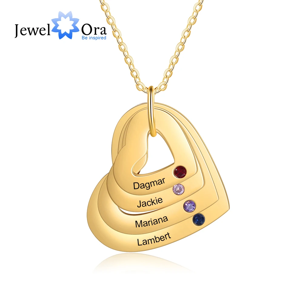 Personalized Engraved 1-4 Names Necklace with Birthstone Custom Stainless Steel Heart Pendant Necklace for Women Christmas Gift