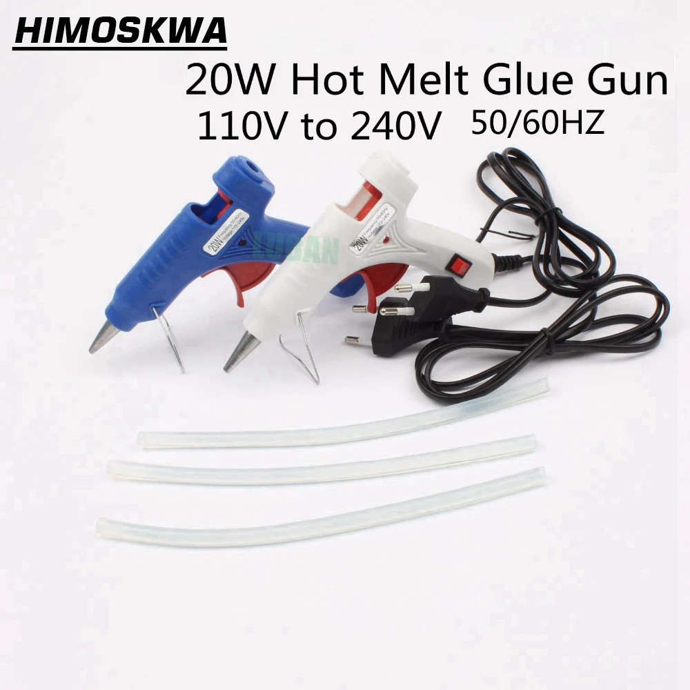 

Free shipping 20W EU/US Plug Hot Melt Glue Gun with 3pc 20cm Industrial Thermo Heat Temperature Tool Blue white