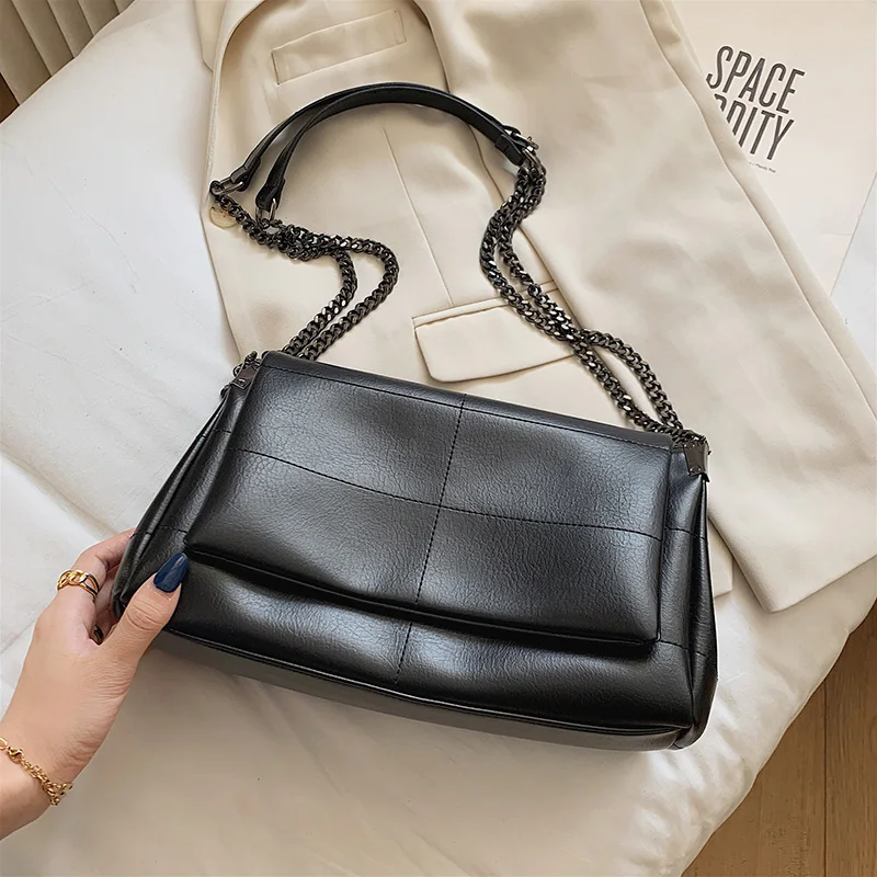 

High Capacity Pu Leather Women Shoulder Fashion Crossbody Bags Chain Vintage Handbags Elegant Ladies Casual Totes Female Purses