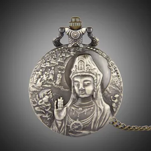 Quartz Pocket Watch Gift Band Fine Chain Hot Classic Large Antique Bronze Embossed Quanyin Men And Women Gift 8081